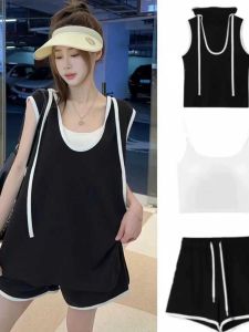 Fashionable Summer Color Block Hoodie Sling Set for Women Casual Ice Silk Vest Shorts Three-Piece Loose Fit Work Clothing