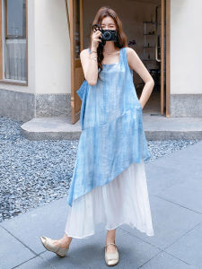 La Chapelle French Artistic Long Dress Women Summer Blue Dyed Mesh Splice Fake Two-Piece Dress A-Line Skirt Sleeveless Dress