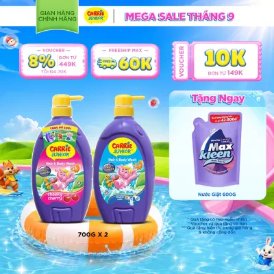 Combo 2 chai Sữa Tắm Gội cho bé Carrie Junior 700g/chai: 1 Hương Cherry + 1 Tinh Chất Sữa