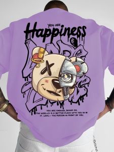 2025 New Mens Personalized Graffiti Bear Letter Printed Breathable and Comfortable Round Neck T-shirt Outdoor High Street Top