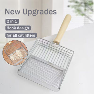 Metal Cat Litter Scoop Upgrades 2 IN 1 Wooden Handle Cleaning Tool for all Cat Litter