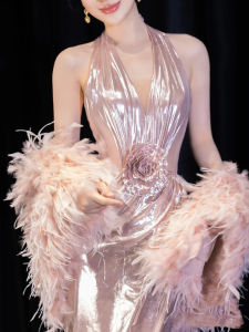 Pink Evening Gown Luxury Minimalist High-End Bridal Dress Birthday Engagement Party Long Neck Hanging Dress Polyester Fiber