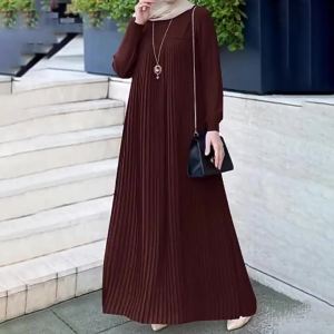 2024 Muslim Womens Wear Arabic Style Elegant Pleated Skirt Solid Color round Neck Long Sleeve Pleated Dress