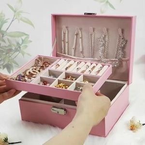 Double Layer Jewelry Box With Lock Leather Jewelry Storage Box Ring Ear studs Watch Necklace Jewelry Organizer