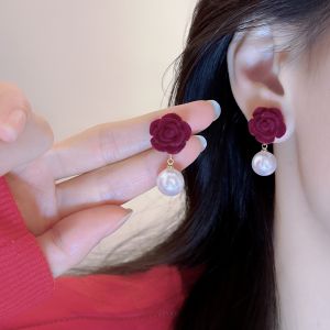 Velvet Rose Flower Earrings in Wine Red Pearl Feminine Hong Kong Style for Women Autumn Winter Fashion Jewelry Accessories
