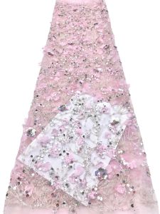 Vải Ren Sequin Đỏ Nigeria 5 Thước Chất Lượng Cao Thêu Hoa 3D Đính Hạt Ren Châu Phi Dùng Cho May Vá Cưới
