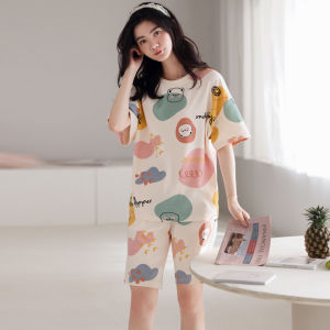 MiiOW | Bộ đồ ngủ cotton mùa hè cho nữ MiiOW Áo chui đầu cổ tròn in họa tiết hoạt hình Áo và quần ngắn rộng rãi thoải mái mặc ở nhà