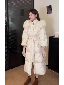 QFN | Beige Long Fitted Thick Hooded Down Jacket Women Small Figures Winter New