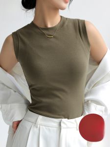 MiiOW | Áo ba lỗ không tay cổ tròn ôm vừa vặn cho nữ mùa xuân 2025 Áo sơ mi cơ bản che mông áo khoác ngoài chất liệu khác màu trơn