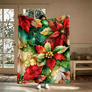 Red Poinsettias GreenFlannel Blanket Warm Soft Halloween Christmas Couch Warm Cozy Decorative Decor Gift for All Season
