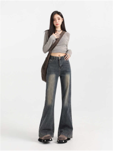 กางเกงยีนส์ทรงขาบานเอวสูงสำหรับผู้หญิง ทรงหลวม สไตล์ลำลอง ฤดูใบไม้ร่วง 2024 กางเกงขายาวทรงเข้ารูป ทรงกระบอก ทรงเข้ารูป ทรงเข้ารูป