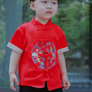 East Whale | Lion Dance Print Traditional Chinese Style Cotton Cool T-Shirt Short Sleeve