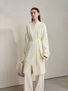 AMII | Winter New Lazy Style Turn Down Collar Dropped Shoulder Sleeve Adjustable Rope Removable Belt Knit Sweater