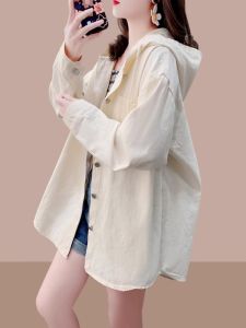 เสื้อเชิ้ตแขนยาวมีฮู้ดหลวมๆ สำหรับผู้หญิงในฤดูใบไม้ร่วงปี 2024 เสื้อคลุมยาวปานกลางทรงเข้ารูปแบบลำลองใหม่