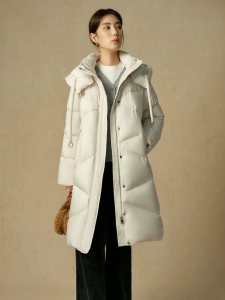 DUSHU | Stylish Hooded Long Down Jacket with Sailor Collar 90 White Duck Down Filled