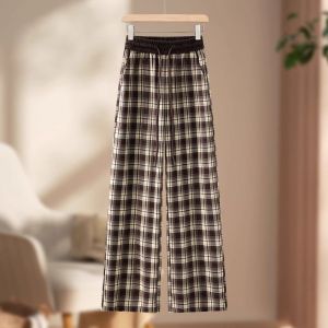 กางเกงขายาวทรงตรงเอวสูงลายสก็อตย้อนยุคสำหรับผู้หญิงไซส์ใหญ่ กางเกงขายาวลำลองฤดูใบไม้ร่วง/ฤดูหนาว กางเกงกีฬาทรงตรง