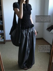 VKSOD | ชุดเสื้อยืดแขนสั้นผู้หญิงสไตล์เกาหลีพร้อมขอบลูกไม้สีดำ ชุดกางเกงขายาวเอวสูงหลวมๆ ฤดูร้อน 2025 ชุดสองชิ้น