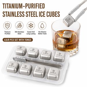 4/6/8 Pack Reusable Titanium Stainless Steel Ice Cubes Set Chilling Whiskey Stones With Tongs Beverage Cooler Metal Ice Cubes