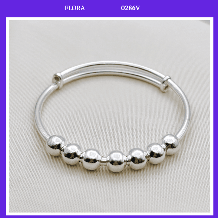 FLORA 0286V - Vòng tay bạc ta chỉnh size mix 7 bi trơn dành cho bé, bé sơ sinh