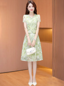 ชุดเดรสยาวเอวสูงสไตล์เกาหลี แขนสั้น ทรงเอ ชุดเดรสฤดูร้อนสำหรับผู้หญิง ชุดราตรีสไตล์ญี่ปุ่น ชุดเดรสยาวคลุมเข่า