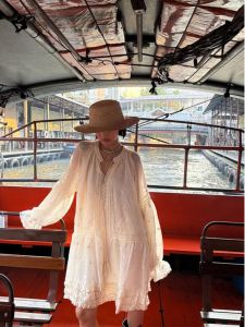 Elegant Korean Style Embroidered Lantern Sleeve Dress Chens Big Leg Turn Right Short Skirt Spring Commute Loose Fit Long Sleeve V Neck