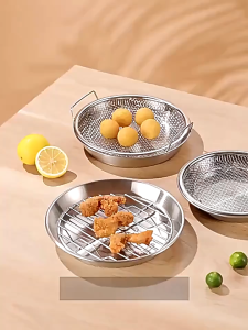 Keranixy Stainless Steel Strainer Set Frying Oil Mesh Filter Pan Rustproof Kitchen Air Fryer Basket Non-stick Basket
