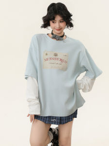 Sweet Long Sleeve T-Shirt Womens Spring Loose Casual round Neck Splice Top Polyester Fiber Printed Youth Style Wear Resistant