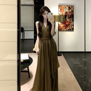 XUECAIQI | French Light Maturity V-Neck Waist-Tying A-Line Dress