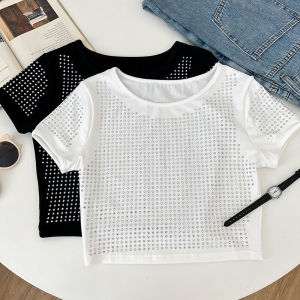 เสื้อยืดคอกลมแขนสั้นทรงเข้ารูปสไตล์ใหม่ฤดูร้อนสำหรับผู้หญิง เสื้อชั้นในสุดเท่พร้อมซิปรูด ผ้าฝ้ายผสมโพลีเอสเตอร์