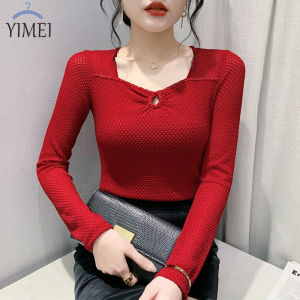 YIMEI 2023 ฟชั่น สำหรับฤดูใบ ไม้ร่วง ฤดูหนาว และสมอง เสื้อ แฟชั่นปักลูกปัดแขนยาว เข้ารูปเสื้อลูก ไม้ แบบเรียบง่าย