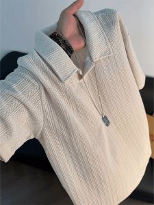 LIUBU | American Wheat Stripe Vintage Style Seagull Collar Polo Shirt Short Sleeve