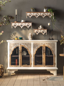 Retro French Style Carved Wood Sideboard Decorative Cabinet Artistic Entrance Hall Storage Display Shelf against the Wall