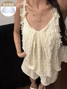 ชุดนอนแขนสั้นผ้าฝ้ายลายทางสีฟ้าสำหรับผู้หญิงในช่วงฤดูร้อน ชุดนอนลำลองแบบสวมหัว แขนกุด กระโปรงสั้น คอกลม ความยาวปกติ