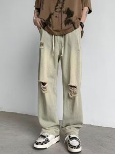 American Casual Yellow Mud Color Ripped Denim Jeans Men Summer Loose Straight Leg Long Trousers High Street Vibe Cool