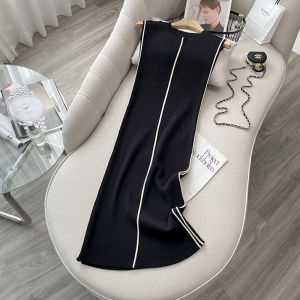 Elegant round Neck Sleeveless Ice Silk Knitted Dress Slim Fit Midi Length Base Layer Skirt for Women High Waist Commute Style