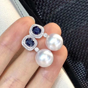 Huitan Blue Cubic Zirconia & Bông Tai Ngọc Trai Giả Cho Phụ Nữ Bông Tai Hình Học Thanh Lịch Cho Lễ Đính Hôn Tiệc Cưới