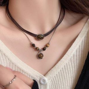Corinna Leather Tiger Eye Stone Necklace Women Retro Sweater Chain Light Luxury Niche Collarbone Chain