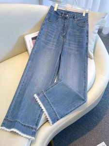 Quần Jeans Ống Thẳng Rộng Cạp Cao Thời Trang Cho Nữ Quần Jeans Denim Ôm Dáng Mùa Xuân Mùa Hè Quần Ống Rộng Thêu Hoa