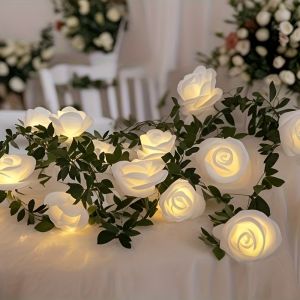 1PC Artificial White Rose Fairy String Lights Battery Powered(excl) Decor for Bedroom Wedding Proposal Valentines Day Gift