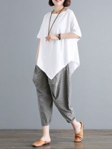 New 2025 Womens Loose Batwing Short Sleeve Harlan Cotton Linen Set Casual Two-Piece Set Comfortable Breathable Fashionable