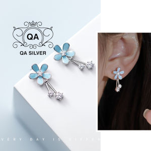 Khuyên tai bạc 925 tròn mặt hoa xanh năm cánh đính đá bông nữ dài S925 BLUE QA SILVER Earrings EA231205
