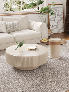 Modern Minimalist French Style Creamy Wind Rock Plate Tea Table Small Household Living Room round Tea Glass Table Combination