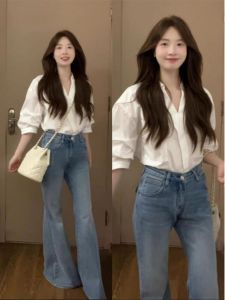 เสื้อเชิ้ตคอโปโลแขนสั้นผู้หญิงสไตล์ฝรั่งเศส ทรงหลวมสบายๆ สำหรับใส่ไปทำงานในช่วงฤดูร้อน เสื้อเชิ้ตผู้หญิงสีพื้น