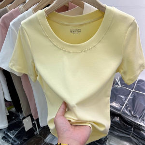 Áo Thun Nữ Cổ Tròn Tay Ngắn Màu Trơn Cơ Bản Mùa Hè 2025 Áo Thun Cotton Phong Cách Hàn Quốc Dáng Ôm Vừa Vặn