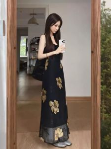 CHANGTONG | Vintage Fashion Elegant Floral Print Long Slip Dress