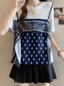 BINKAFENNY | Unique Blue Short Sleeve T-Shirt Womens Summer Fashionable Stylish Beautiful Top Design Sense Patchwork Unique Stylish Lovely