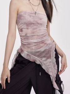Summer Mesh One-Shoulder Strap Vest Womens Irregular Sash Sleeveless Top Commute Style Slim Fit Thin Fabric Solid Color