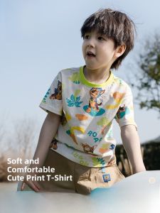 Boys Short Sleeve T-Shirt Pure Cotton Summer Clothes Baby Base Shirt Korean Style Loose Fit Cartoon Print round Neck Top