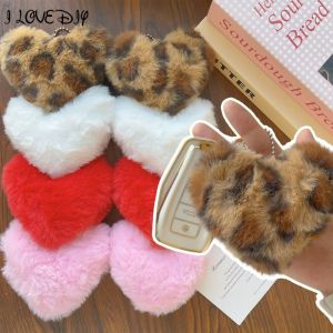 New Leopard Pompom Key Chain for Women Fake Rabbit Fur Plush Heart Keychain Round Fluffy Ball Car Key Ring Bag Pendants