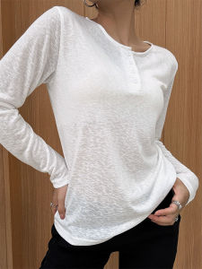 Loose Fit Long Sleeve Button up Womens T-Shirt Casual Thin Style Spring Autumn Top Breathable Comfortable Cotton Tee